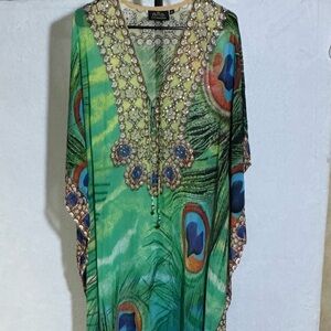 ASA Kaftans Stunning Embellished Green Peacock-Print Medium Women's Dress